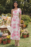 One Shoulder White Fuchsia Flower Printed A Line Midi Dress
