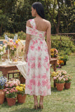 One Shoulder White Fuchsia Flower Printed A Line Midi Dress