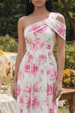 One Shoulder White Fuchsia Flower Printed A Line Midi Dress