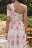 One Shoulder White Fuchsia Flower Printed A Line Midi Dress