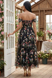 Black Off the Shoulder Flower Corset Appliqued A Line Tulle Midi Dress