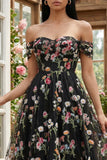 Black Off the Shoulder Flower Corset Appliqued A Line Tulle Midi Dress