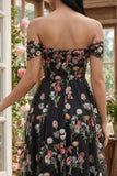Black Off the Shoulder Flower Corset Appliqued A Line Tulle Midi Dress