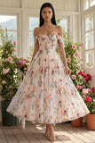 Black Off the Shoulder Flower Corset Appliqued A Line Tulle Midi Dress