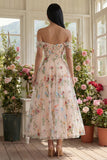 Black Off the Shoulder Flower Corset Appliqued A Line Tulle Midi Dress