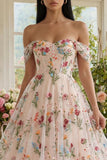 Black Off the Shoulder Flower Corset Appliqued A Line Tulle Midi Dress