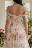 Black Off the Shoulder Flower Corset Appliqued A Line Tulle Midi Dress