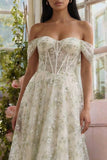 Light Green Corset Off the Shoulder A Line Tulle Maxi Dress