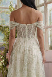 Light Green Corset Off the Shoulder A Line Tulle Maxi Dress