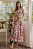 Pink Red Flower One Shoulder Printed A Line Maxi Floral Dress