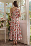 Pink Red Flower One Shoulder Printed A Line Maxi Floral Dress