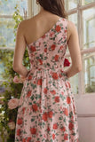 Pink Red Flower One Shoulder Printed A Line Maxi Floral Dress