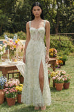 Light Green Corset A Line Embroidered Maxi Floral Dress with Slit