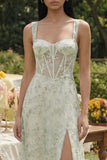 Light Green Corset A Line Embroidered Maxi Floral Dress with Slit