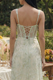 Light Green Corset A Line Embroidered Maxi Floral Dress with Slit