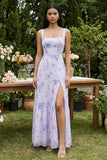 A Line Lilac Printed Square Neck Midi Dress with Slit