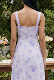 A Line Lilac Printed Square Neck Midi Dress with Slit