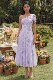 One Shoulder Lilac  A Line PrintedMidi Dress with Ruffles