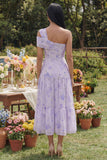 One Shoulder Lilac  A Line PrintedMidi Dress with Ruffles