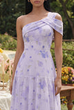 One Shoulder Lilac  A Line PrintedMidi Dress with Ruffles