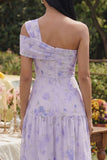 One Shoulder Lilac  A Line PrintedMidi Dress with Ruffles