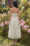 Strapless Light Green Appliqued A Line Corset Tulle Midi Dress