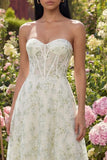 Strapless Light Green Appliqued A Line Corset Tulle Midi Dress