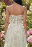 Strapless Light Green Appliqued A Line Corset Tulle Midi Dress