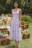 Lilac A Line Printed Square Neck Chiffon Midi Dress