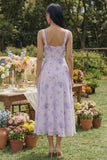 Lilac A Line Printed Square Neck Chiffon Midi Dress