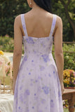 Lilac A Line Printed Square Neck Chiffon Midi Dress