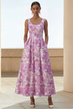 Lilac Flower Printed Curved Square Neck A Line Midi Dress with Pockets