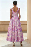 Lilac Flower Printed Curved Square Neck A Line Midi Dress with Pockets