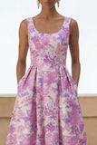 Lilac Flower Printed Curved Square Neck A Line Midi Dress with Pockets