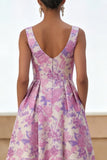 Lilac Flower Printed Curved Square Neck A Line Midi Dress with Pockets