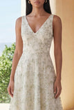 Light Green A Line V Neck Midi Floral Dress