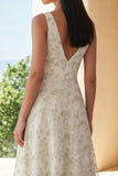 Light Green A Line V Neck Midi Floral Dress