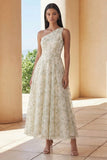 One Shoulder Light Green A Line Appliqued Midi Dress