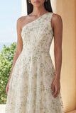 One Shoulder Light Green A Line Appliqued Midi Dress