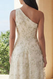 One Shoulder Light Green A Line Appliqued Midi Dress
