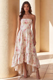 Strapless White Pink Flower A Line Maxi Floral Dress with Ruffles