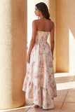 Strapless White Pink Flower A Line Maxi Floral Dress with Ruffles