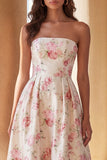 Strapless White Pink Flower A Line Maxi Floral Dress with Ruffles