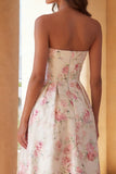 Strapless White Pink Flower A Line Maxi Floral Dress with Ruffles