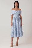 Blue Off the Shoulder Jacquard A Line Corset Midi Dress with Ruffles