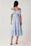 Blue Off the Shoulder Jacquard A Line Corset Midi Dress with Ruffles