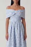 Blue Off the Shoulder Jacquard A Line Corset Midi Dress with Ruffles