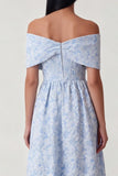 Blue Off the Shoulder Jacquard A Line Corset Midi Dress with Ruffles