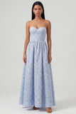 Blue Strapless A Line Corset Jacquard Floral Dress