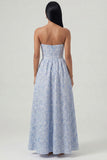 Blue Strapless A Line Corset Jacquard Floral Dress